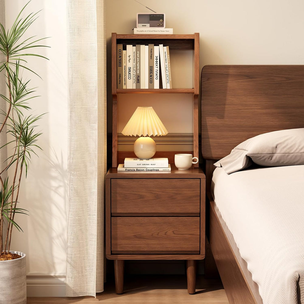 Solid Wood Bookshelf Nightstand Combo, Tall Nightstand with Bookshelf