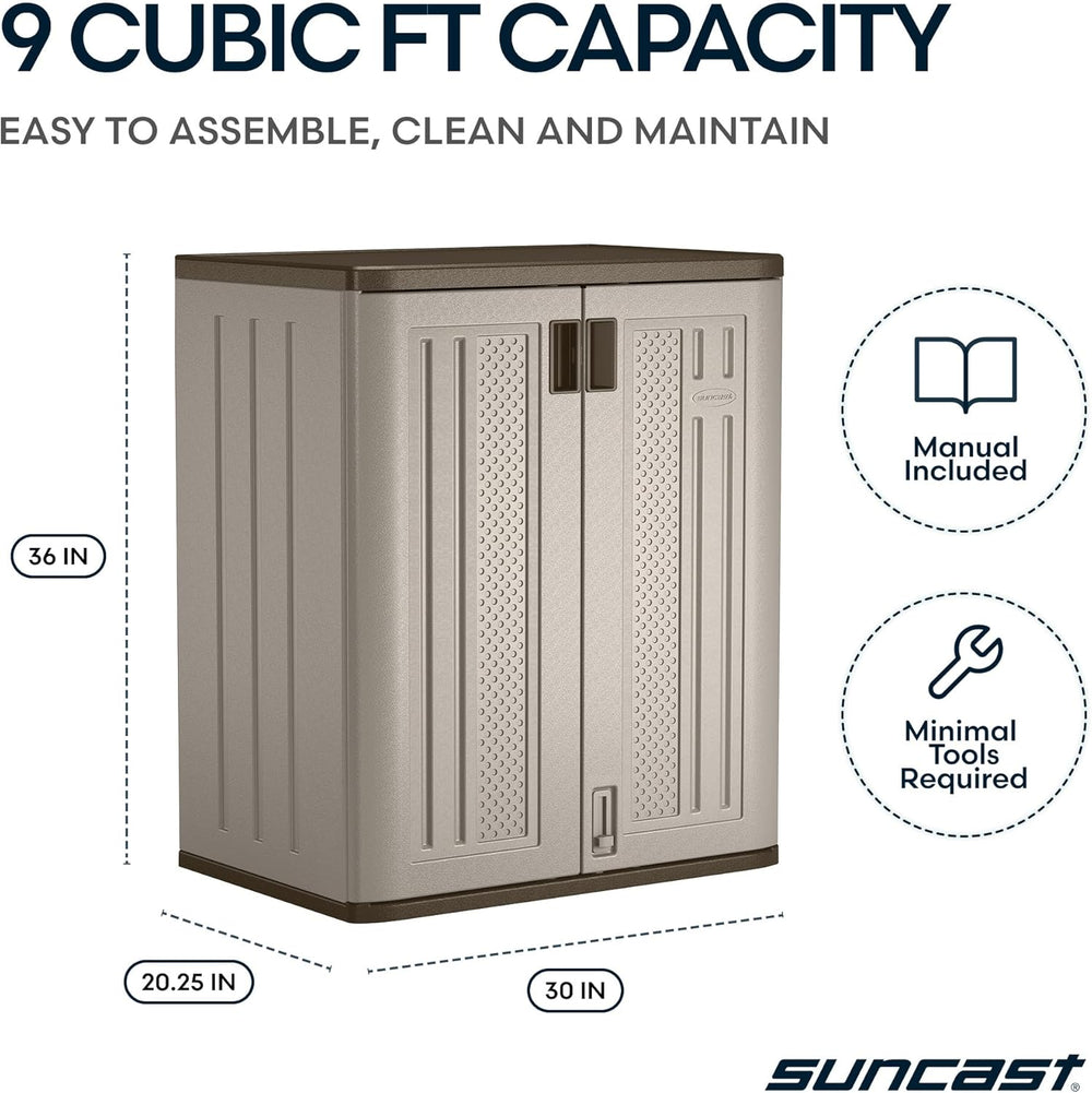 Suncast 9 Cu Ft Base Storage Cabinet, Lockable 2-Shelf Organizer, Platinum