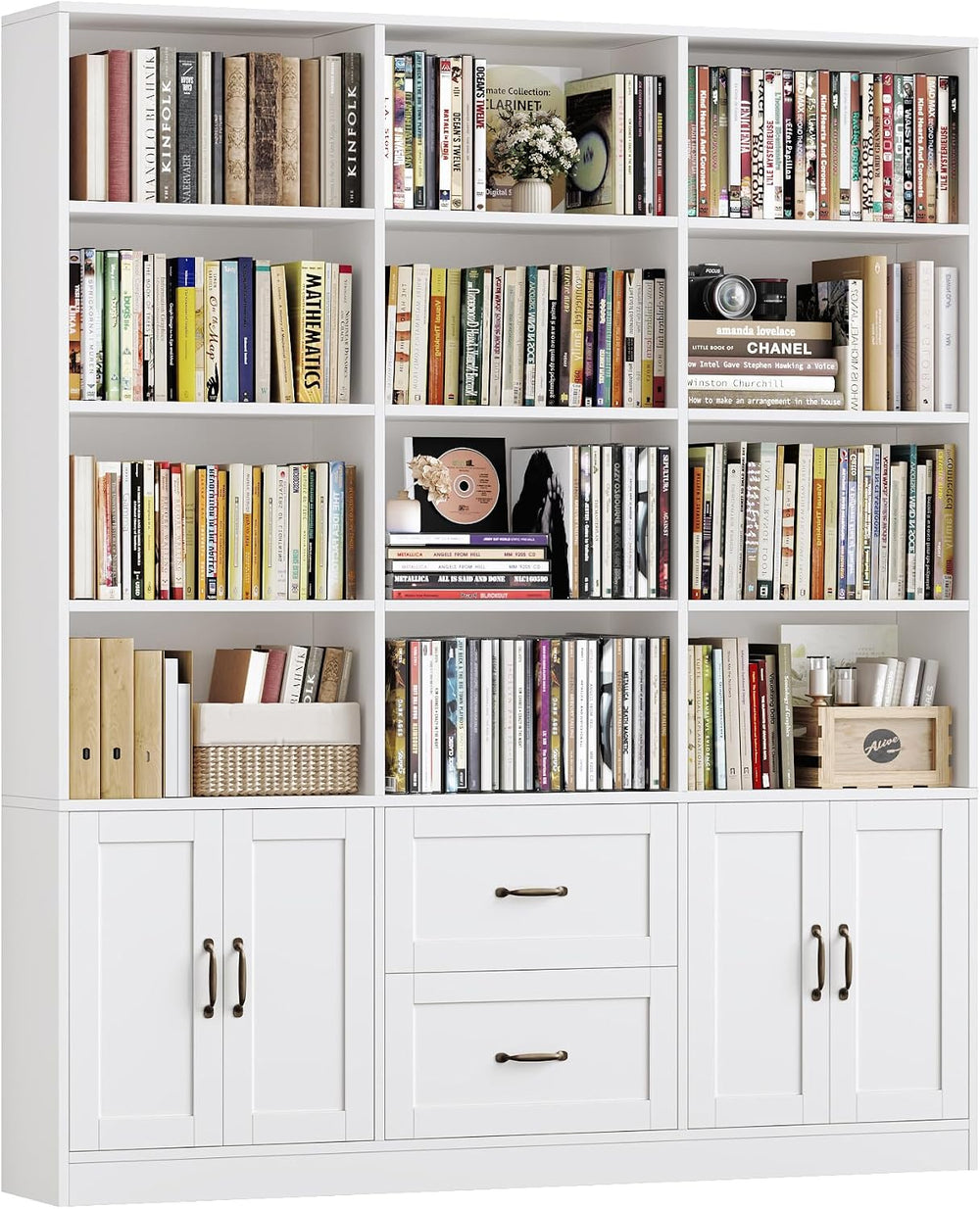 HOSTACK 71" Tall Triple Wide Bookshelf with Storage Drawers & Doors,...
