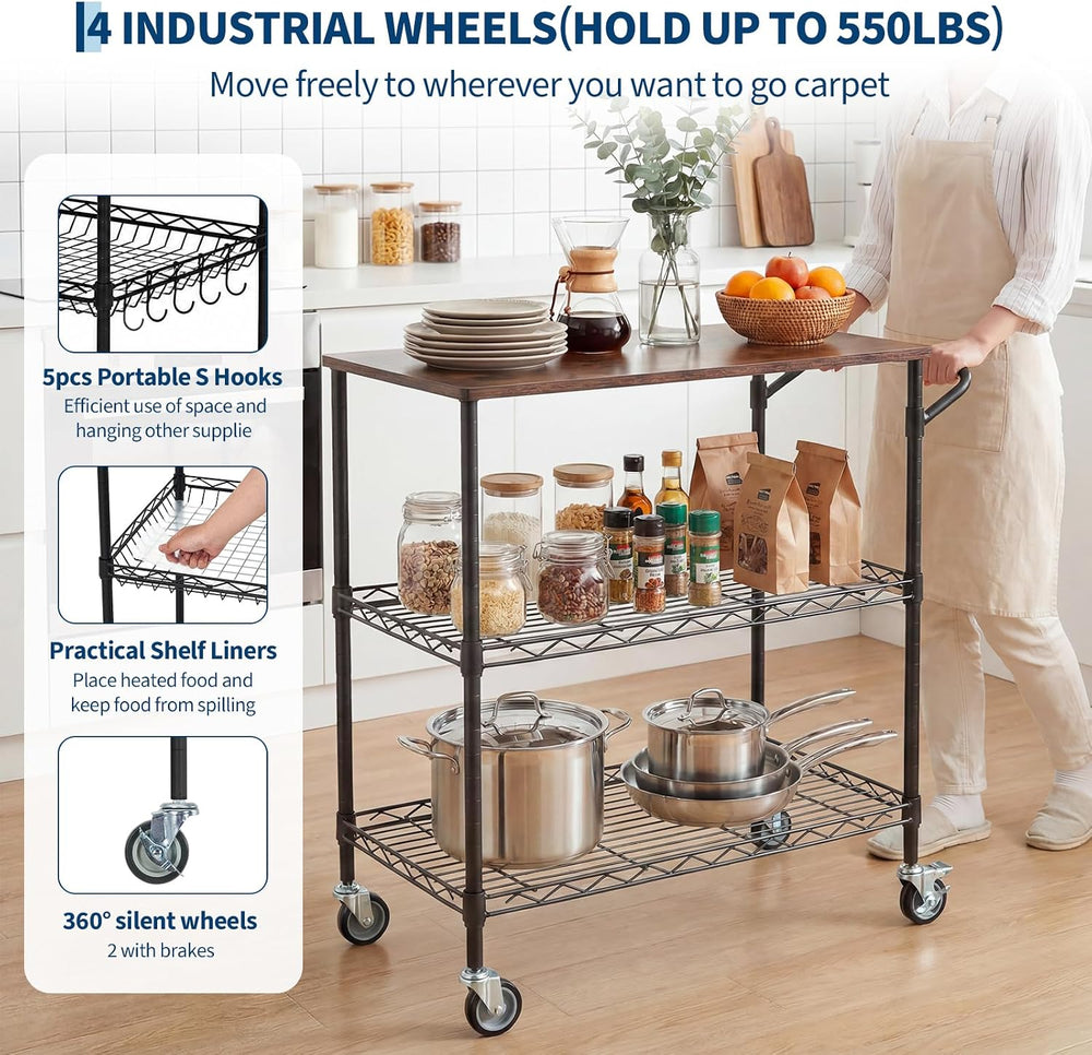 Garvee 34.45In Rolling Kitchen Carts on Wheel with Storage & 2 Shelf Line...