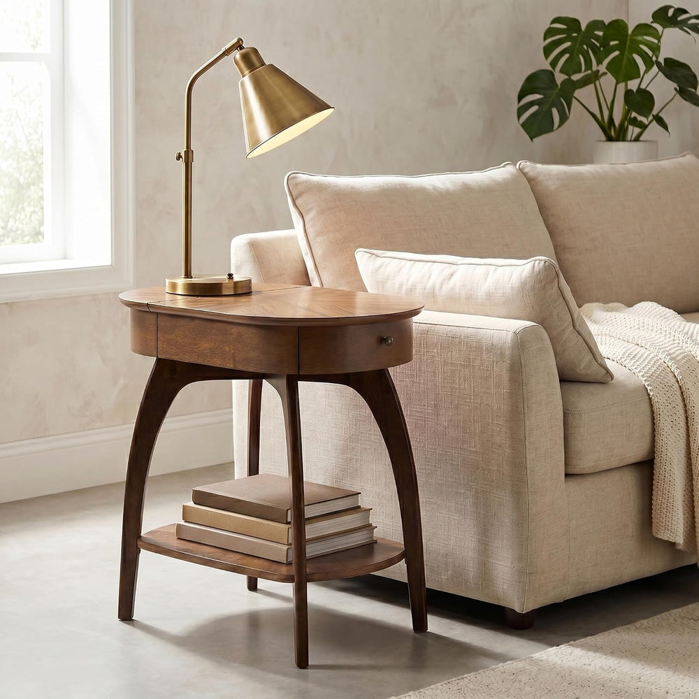 LAX Mid-Century Modern Wood Chairside End Table with USB Charging Station, Dr...