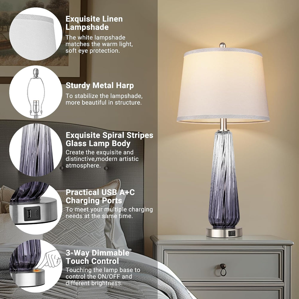 Glass Table Lamps Set of 2, Modern Bedside Lamps for Bedrooms with USB A+C Po...