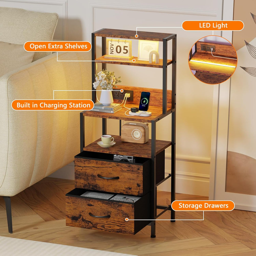 Furnulem Night Stand, Tall Nightstand with 4-Tier Shelves, 2 Fabric Drawers |...