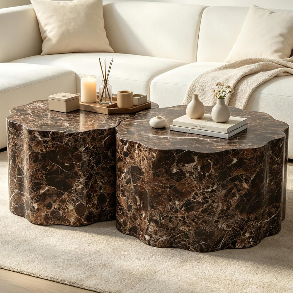 Round Coffee Table Set of 2 with Marble Look Veneer,Round Coffee Table and Si...