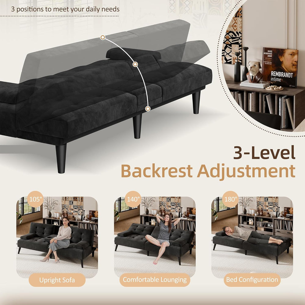 Shintenchi 64" Futon Sofa Bed, Velvet Foldable Couch, Upholstered Lovese...