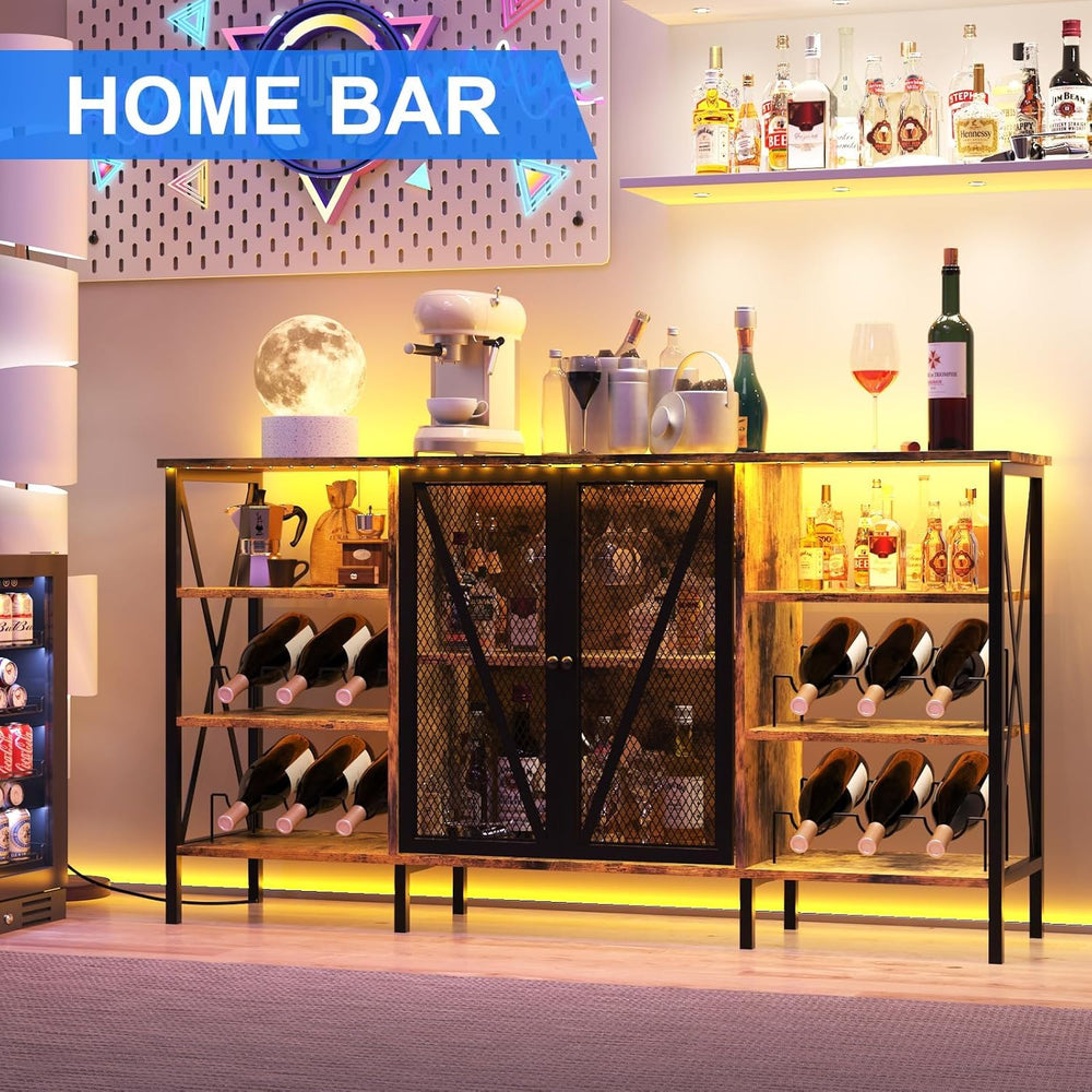 Takywep Farmhouse Industrial Wine Bar Cabinet with LED Light – Freestanding S...