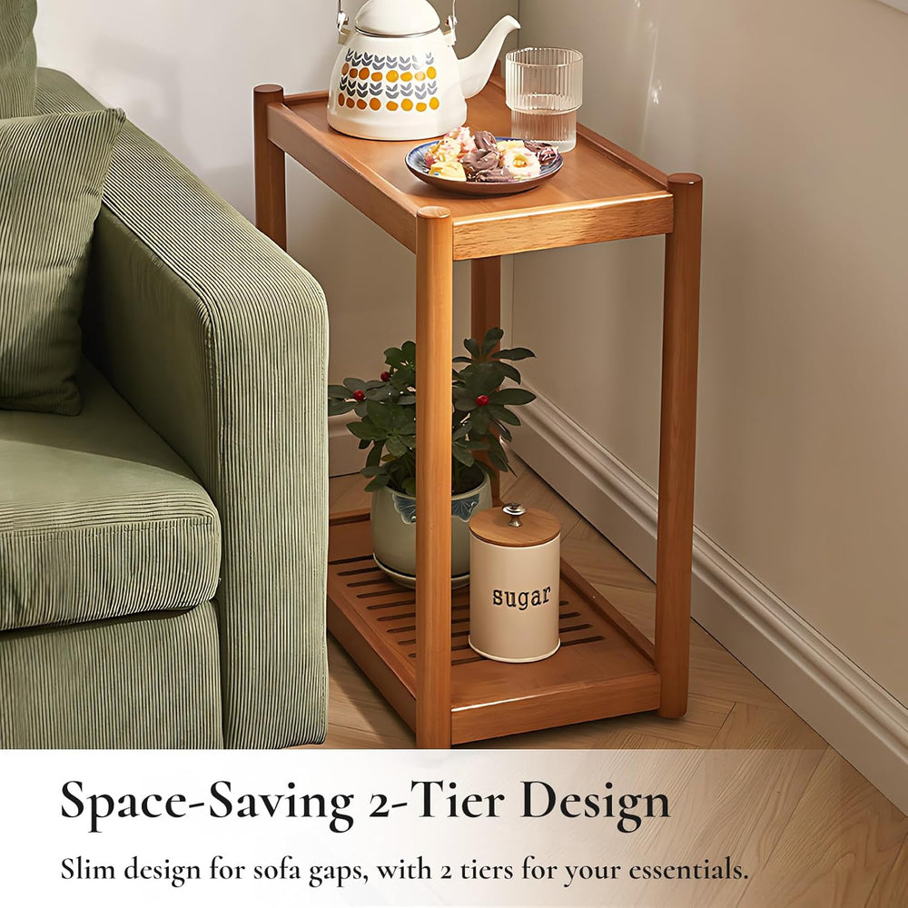 Side Table, Solid Wood Narrow End Table with Storage Shelf and Wheels, 2-Tier...