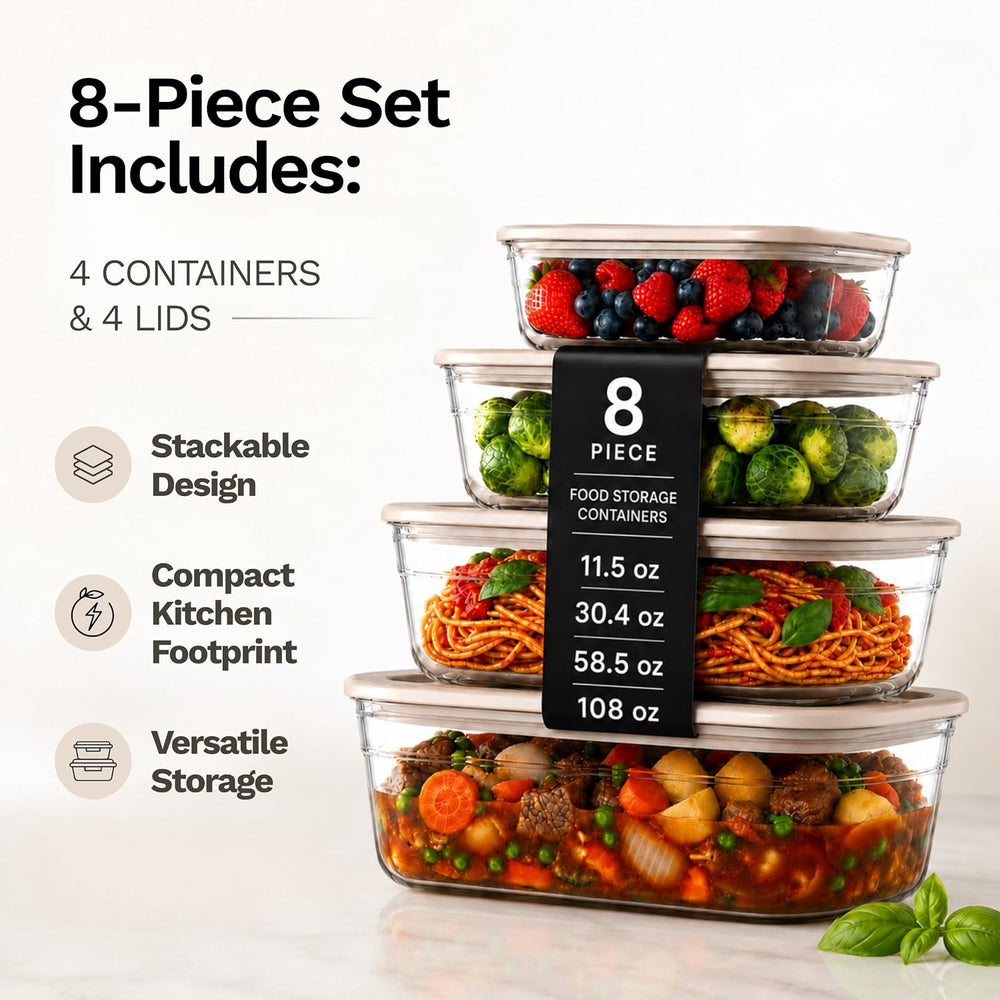 Naked Kitchen 8-Piece Food Storage Containers with Lids – Nesting Borosilicat...