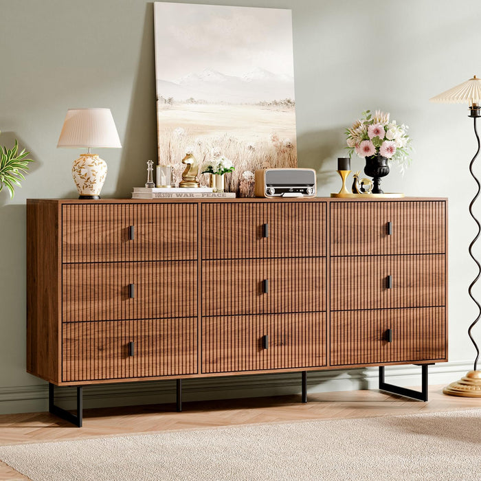 Chrangmay Modern Chest of Drawers with 9 Drawers,Deep Drawers,Clothes Organizer,Large Storage Cabinet for Living Room, Bedroom,Hallway,with Anti-Tipping Device, Caramel