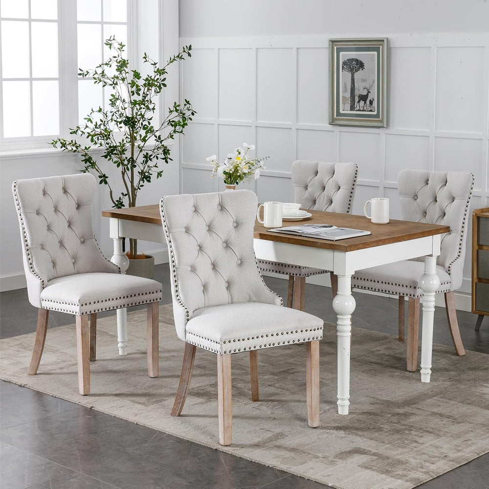 Linen Upholstered Dining Chairs Set of 2, Beige Mid Century Modern Dining Cha...