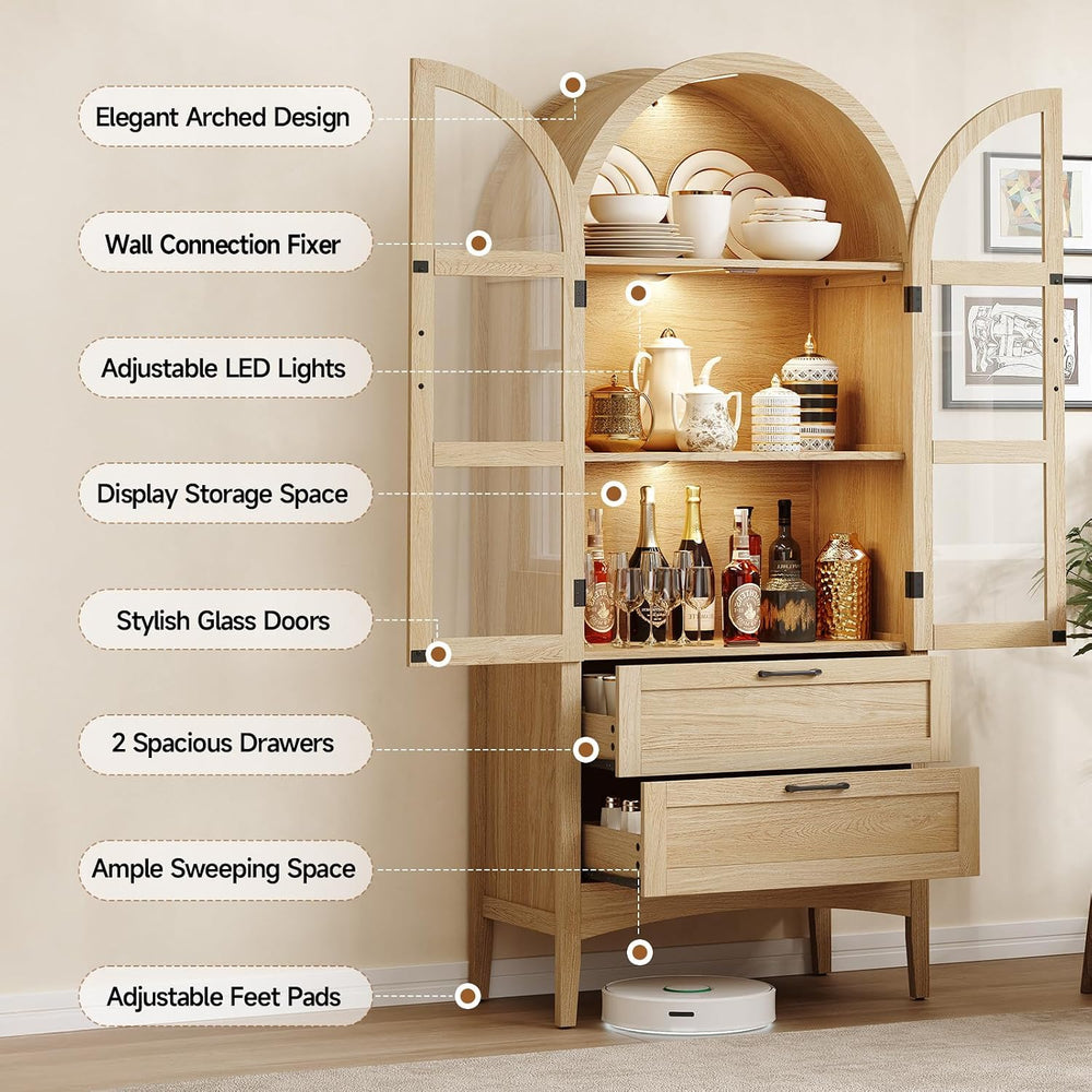 ONBRILL 71" Tall Arched Display Cabinet with LED Lights, Arched Kitchen ...