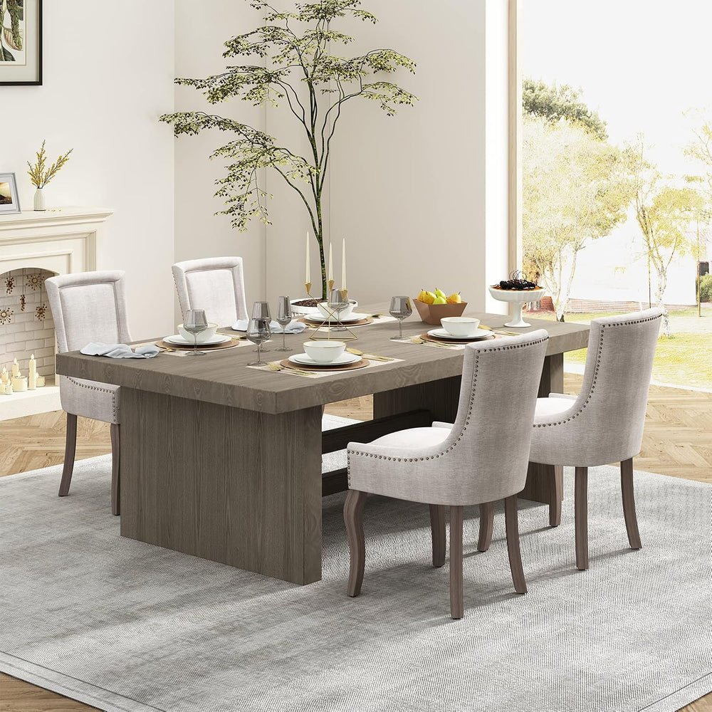 Upholstered Dining Chairs Set of 8, Beige Fabric Kitchen Chair with Nailhead ...