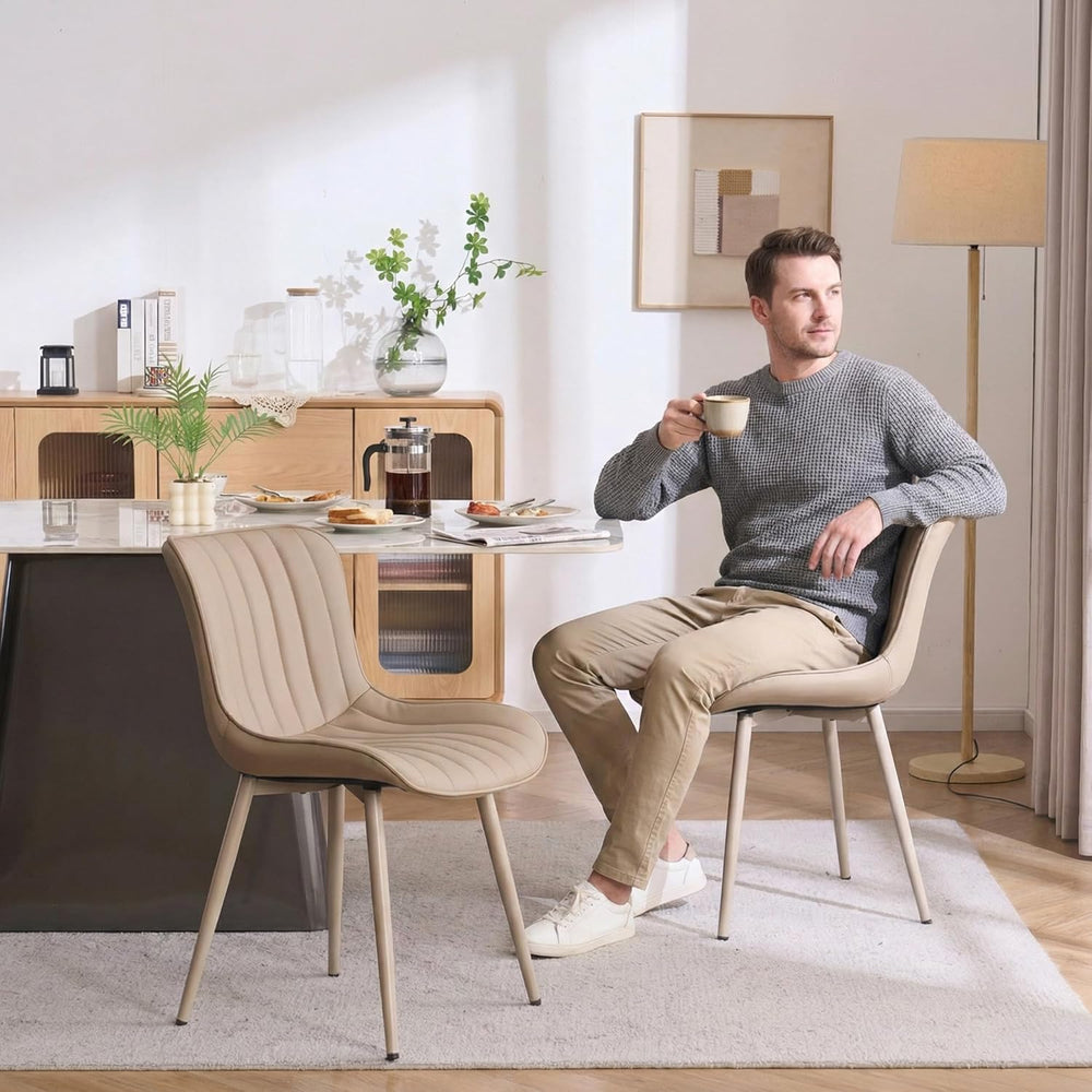 YOUNUOKE Mid-Century Modern Dining Chairs Set of 2, Khaki PU Leather Upholste...