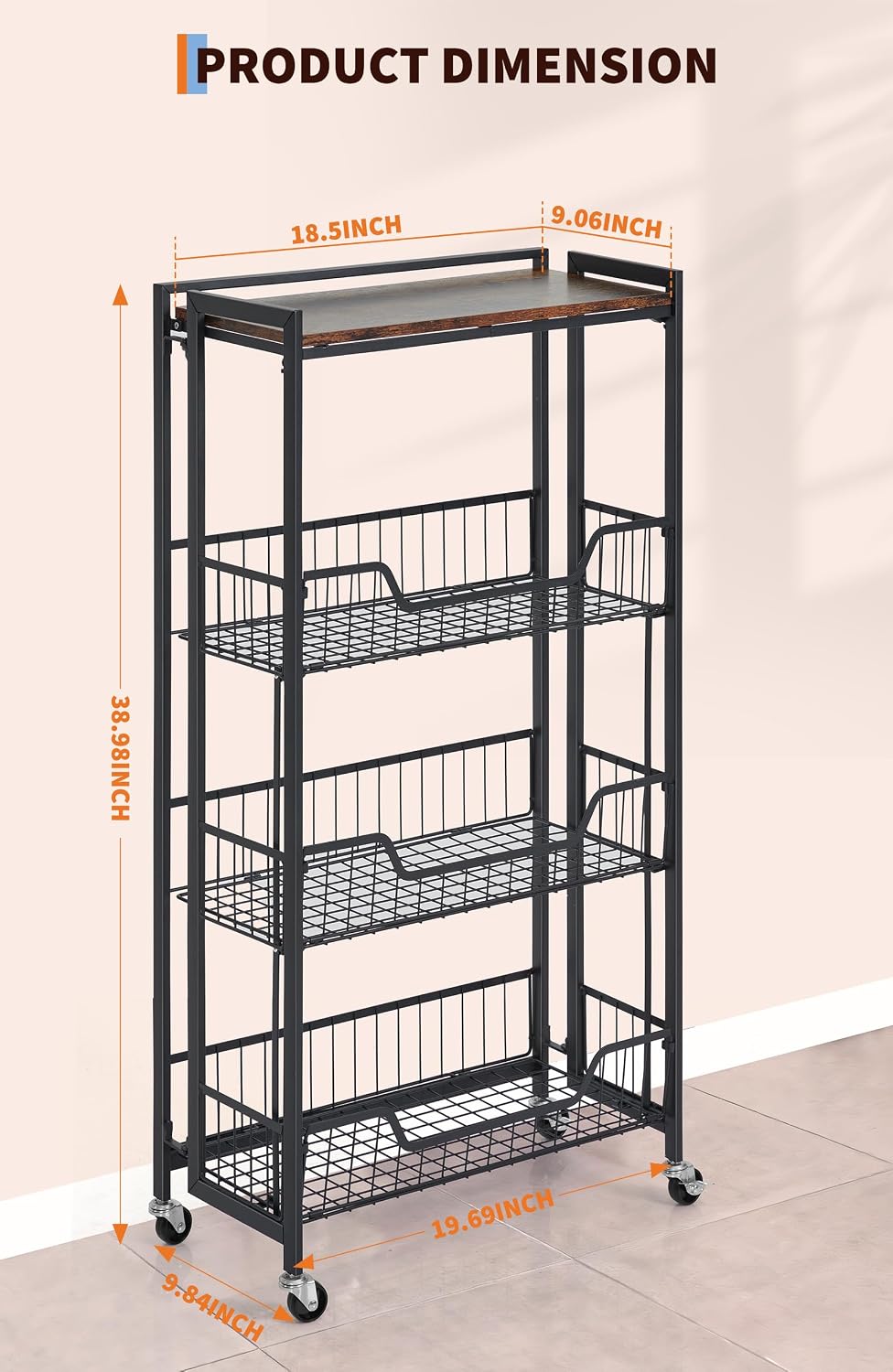 Garvee Large 4-Tier Foldable Storage Cart with Lockable Caster - 100Lbs Loadi...