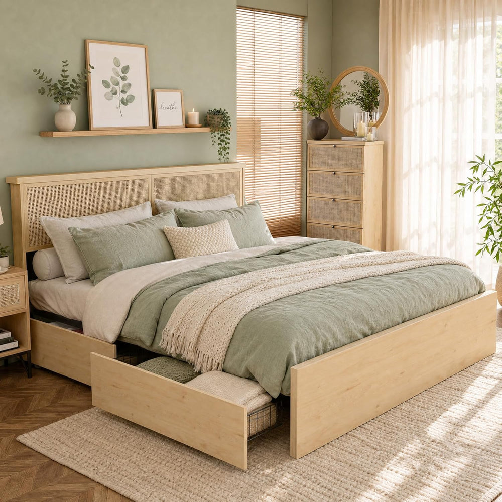 Yechen Queen Bed Frame with Natural Rattan Headboard and Wooden 4 Storage Dra...