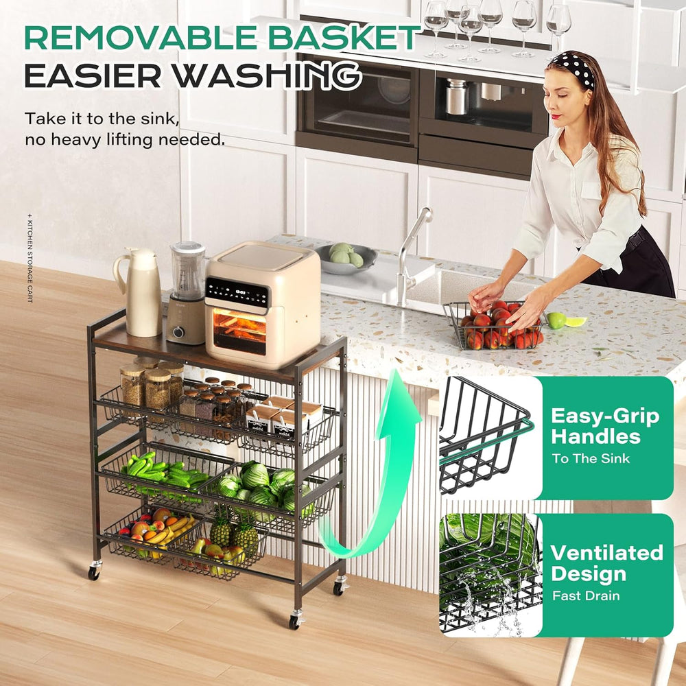 Cinati 4-Tier Utility Kitchen Cart with Wood Top, 29" W Kitchen Storage ...