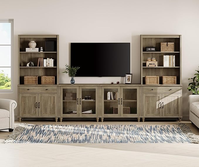WAMPAT Entertainment Center with Bookshelves for TVs up to 75", Farmhous...
