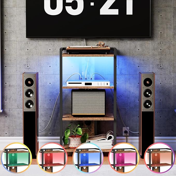 HOOBRO 4-Tier AV Media Stand, Media Console with Charging Station and LED Lig...