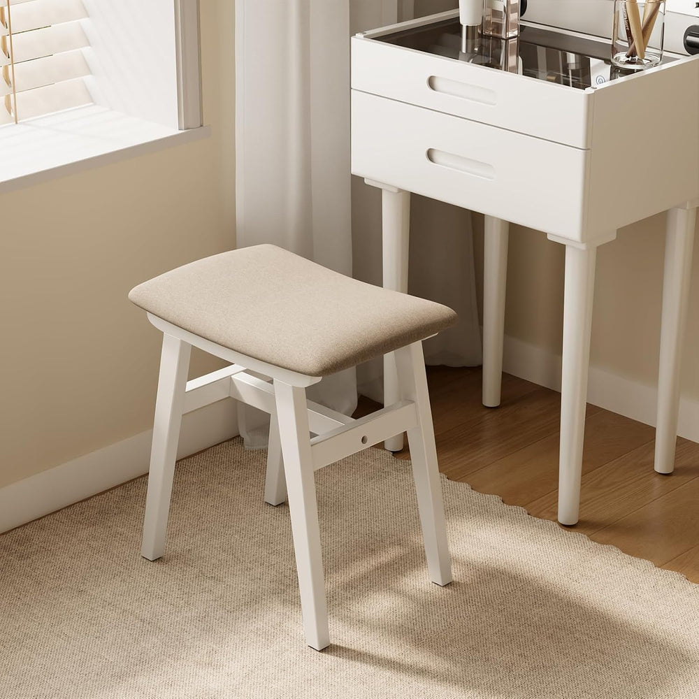 Muwuele Solid Wood Vanity Stool, Compact Makeup Chair with Saddle Cushion, Li...