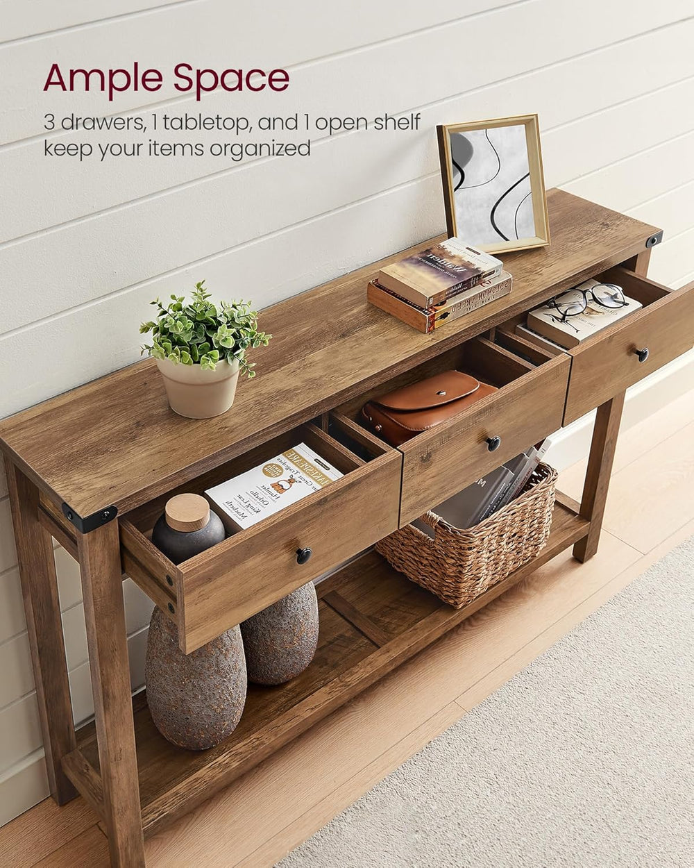 VASAGLE LIRY Collection Narrow Console Table with 3 Drawers, Brown | Sofa Tab...
