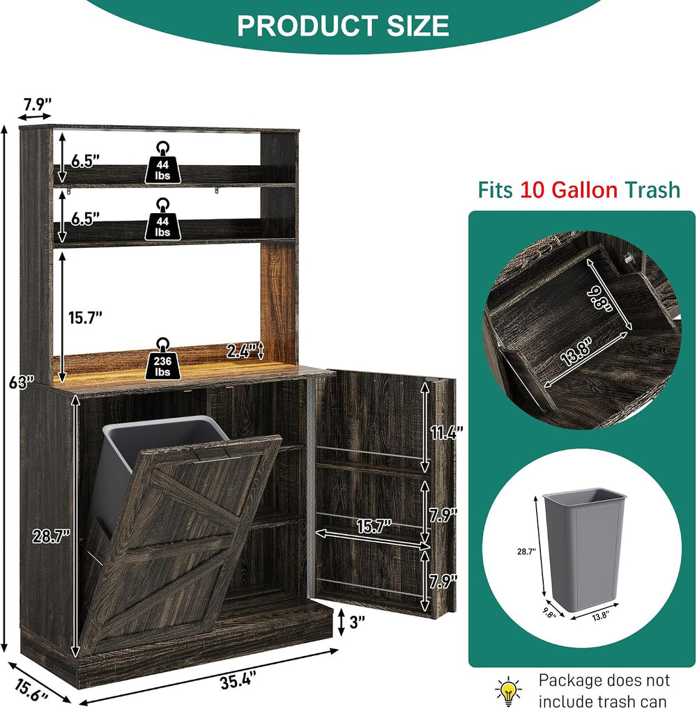 Squireewo 63" H Pantry Cabinets with 10 Gallon Trash Can,Led Light,Outle...