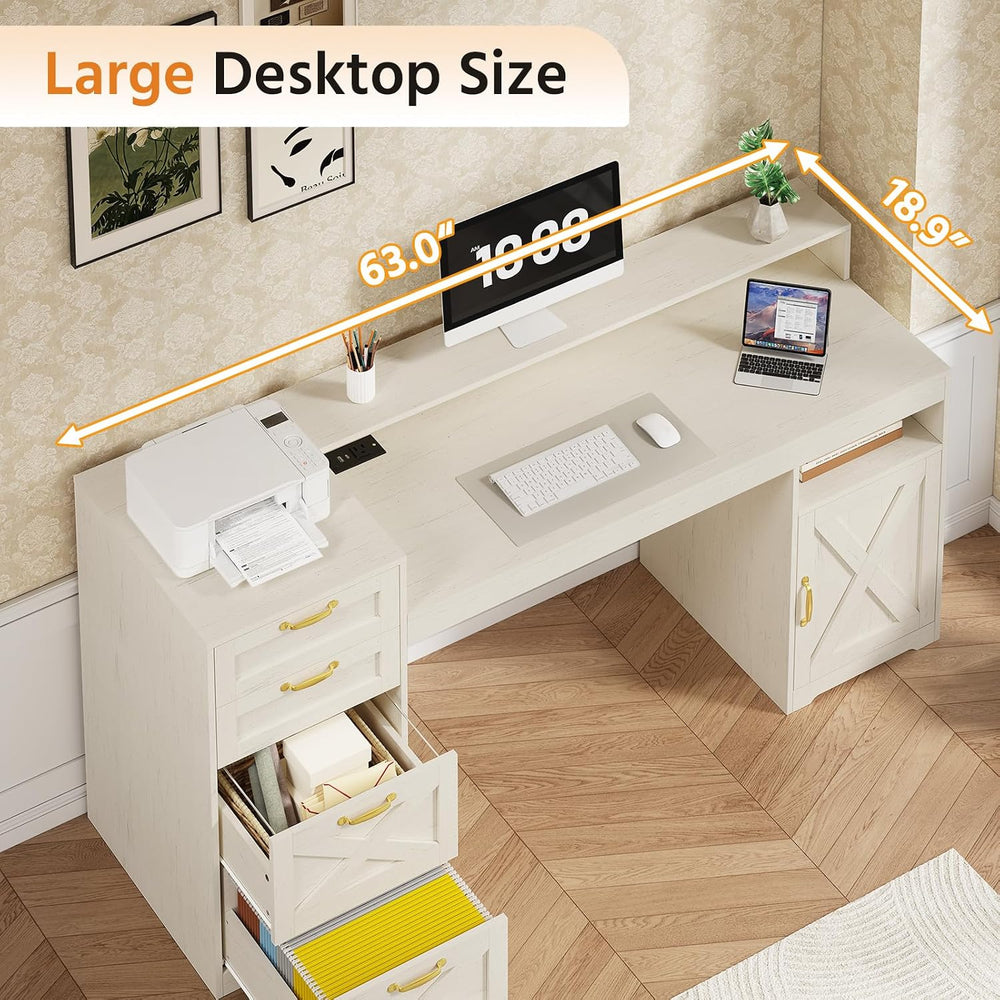 63" Farmhouse Computer Desk with 4 Drawers for Home Office, Bedroom