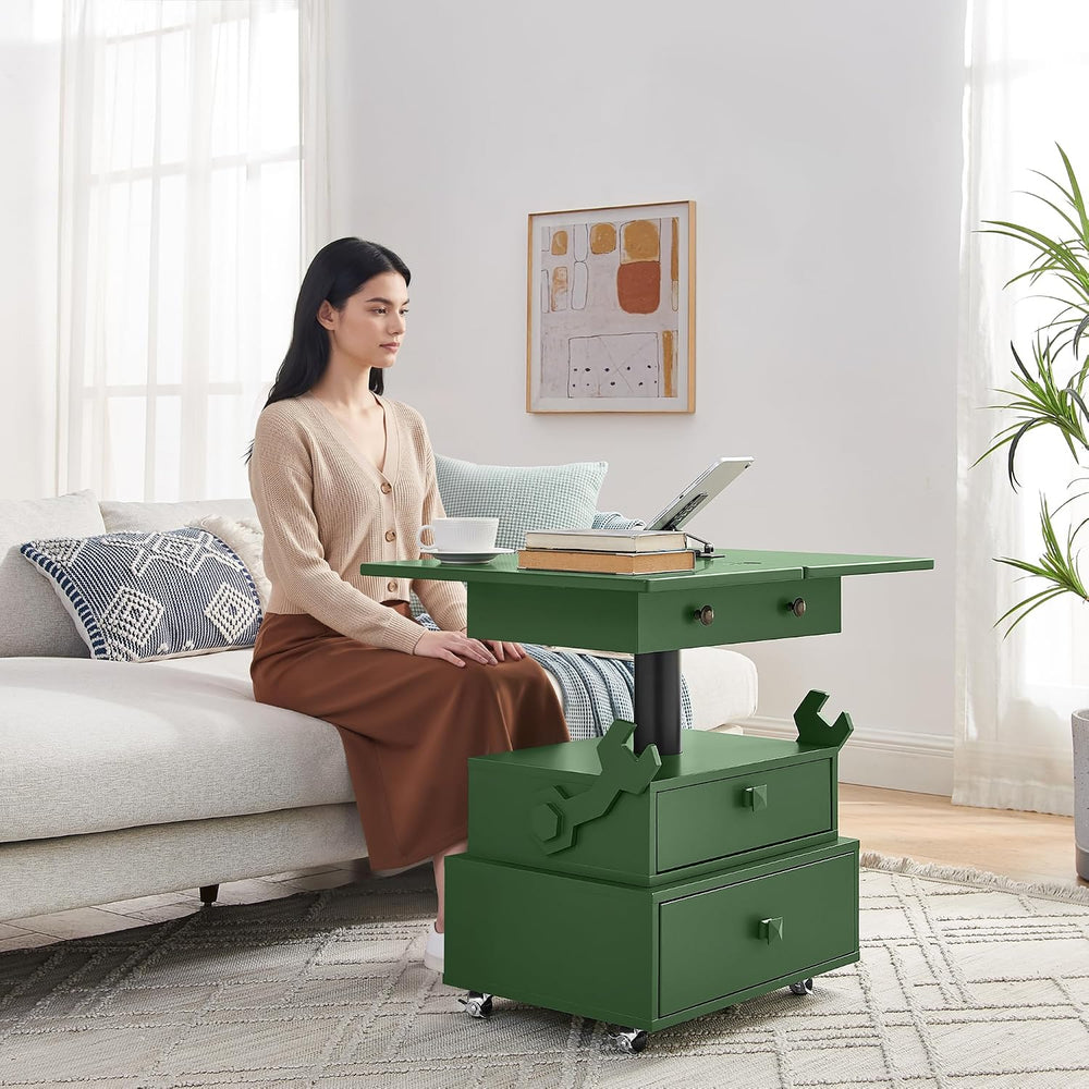 High Gloss Rolling Lift Top End Table with Charging Station, Height Adjustabl...