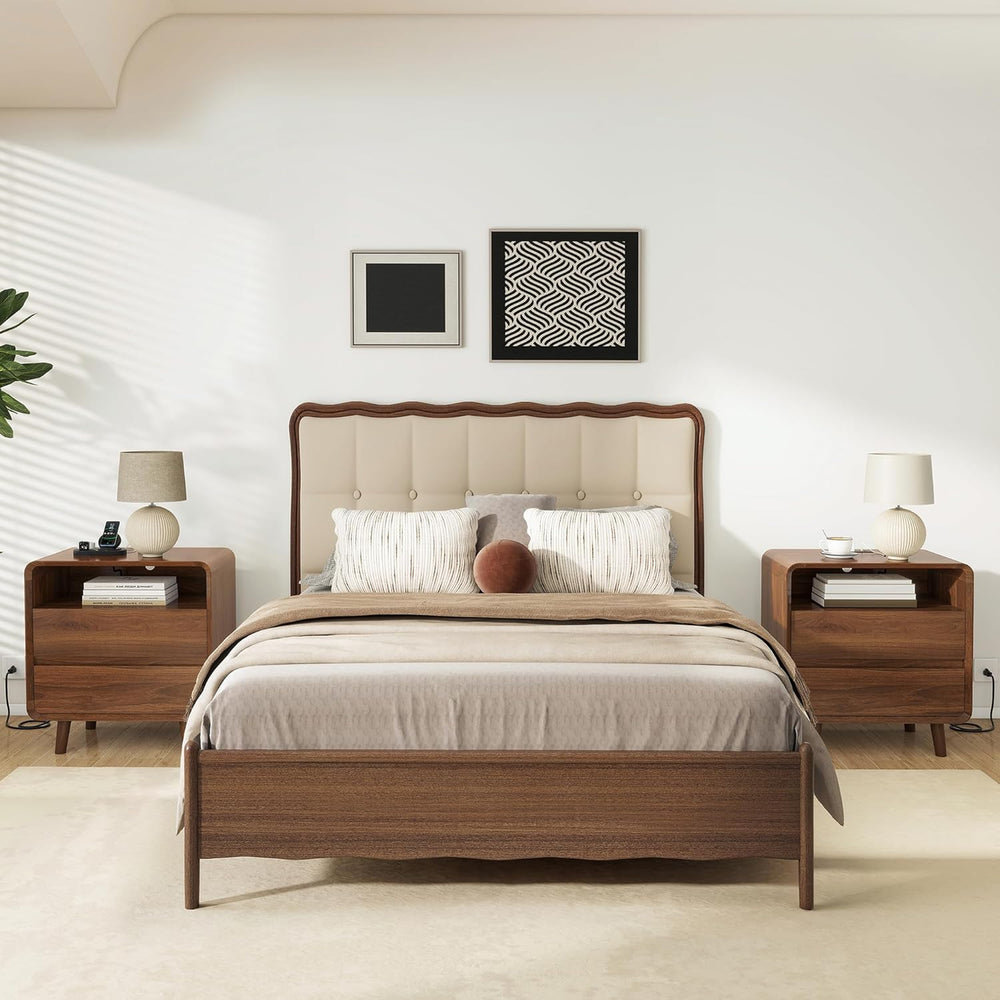 Nasonet Mid Century Modern Nightstand with Charging Station, Wood Bedroom End...