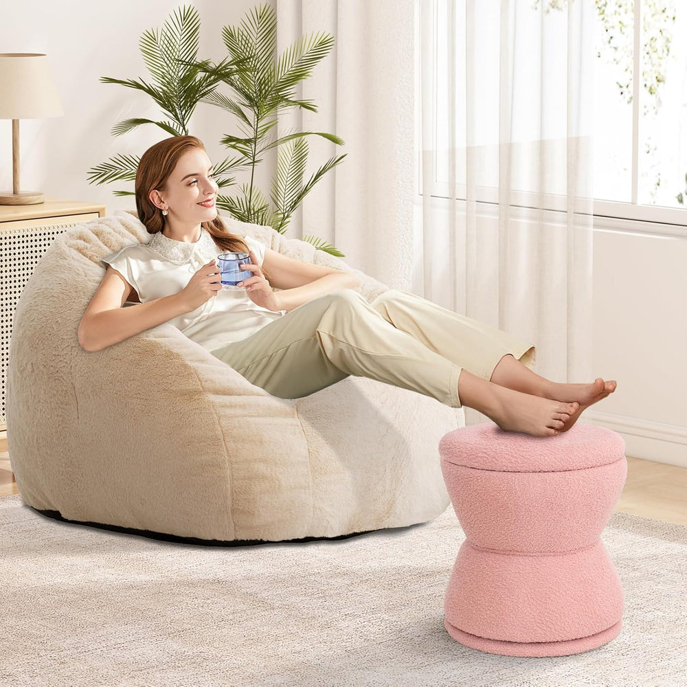 DHMAKER Round Storage Ottoman, Swivel Teddy Vanity Stool Chiar,Modern Sherpa ...