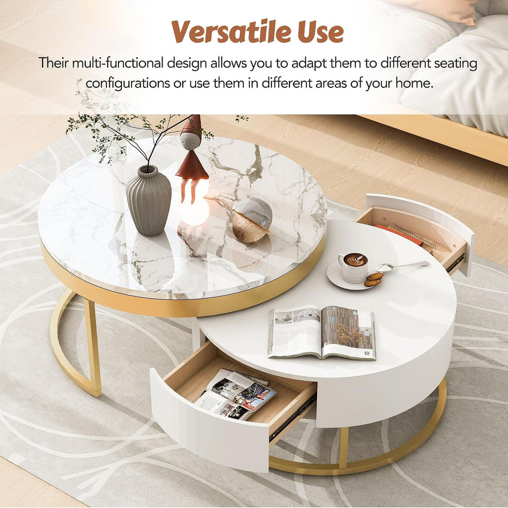 Modern Round Nesting Coffee Table with Drawers in White, Circle Coffee Tables...