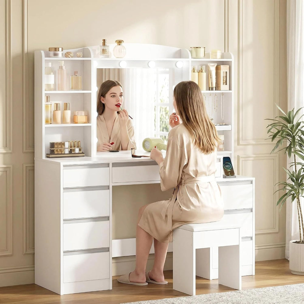HEXCELEN 47" Vanity Desk with LED Lights, 8 Drawers, 20" Mirror, 2A...