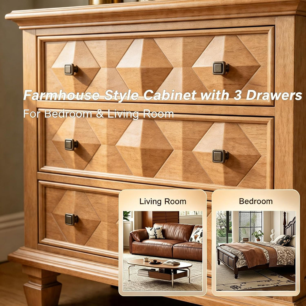 Traditional Geometric Textured Nightstand, 3 Drawer Solid Wood Bedside Table ...