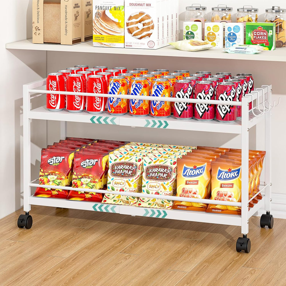 2-Tier Expandable Rolling Pantry Cart with Wheels, Adjustable Floor Organizer...