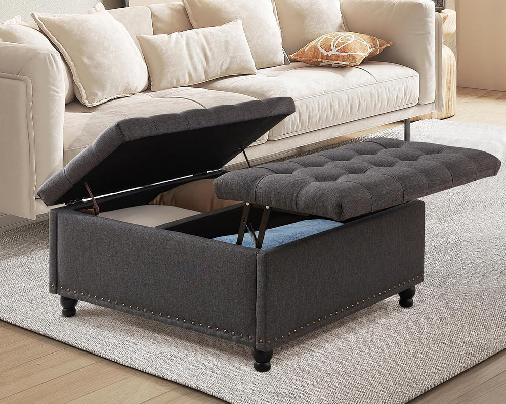 36" Large Square Ottoman with Storage, Tufted Upholstered Storage Ottoma...