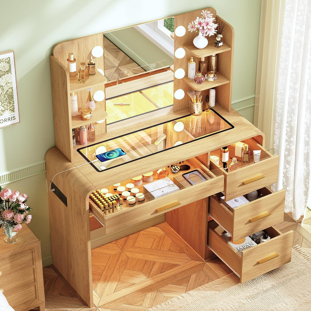 HUAHUU Vanity Desk with Mirror and Lights, Makeup Vanity with 4 Drawers, Tran...
