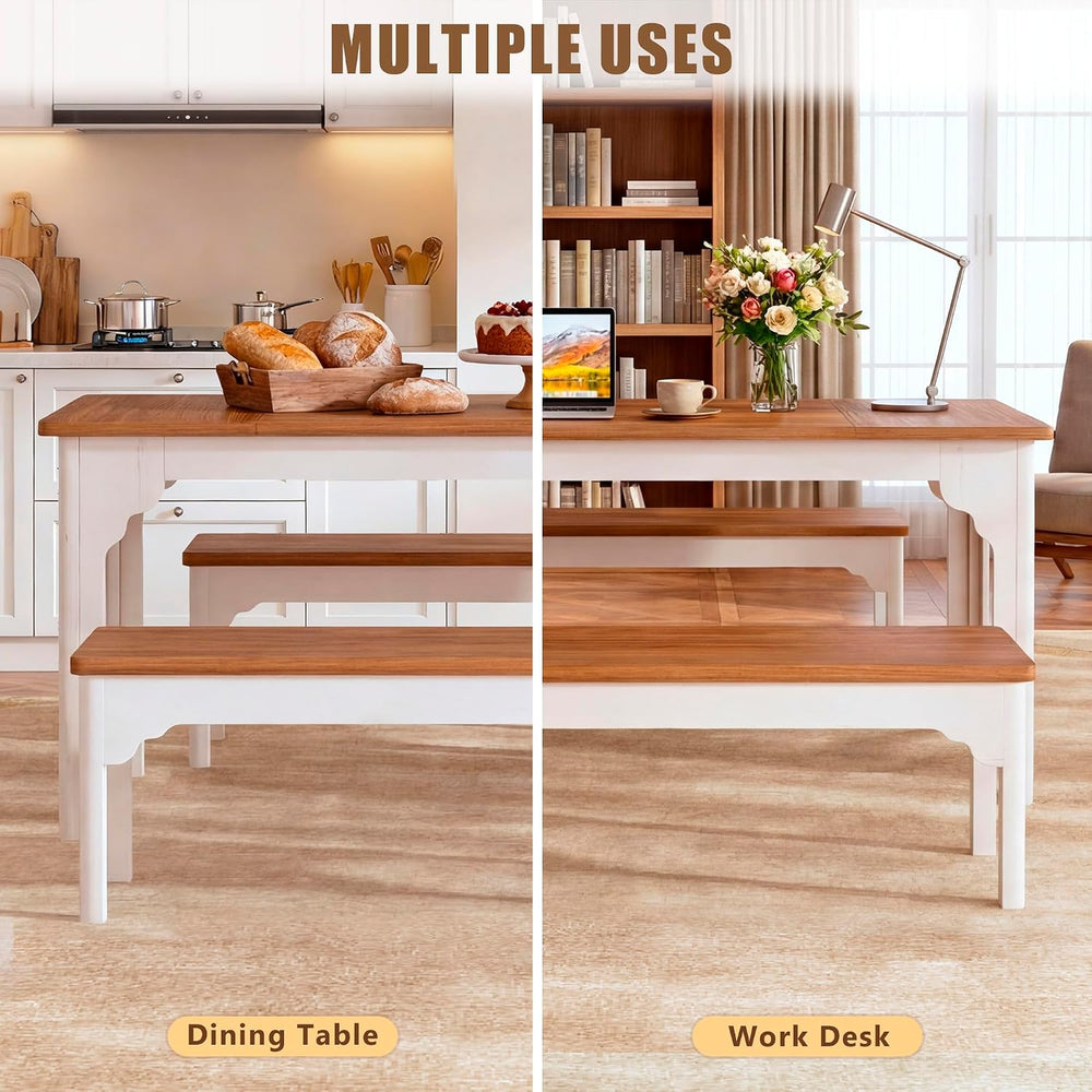 HUAHUU 63" Farmhouse Dining Table Set for 4-6, Kitchen Table with 2 Benc...
