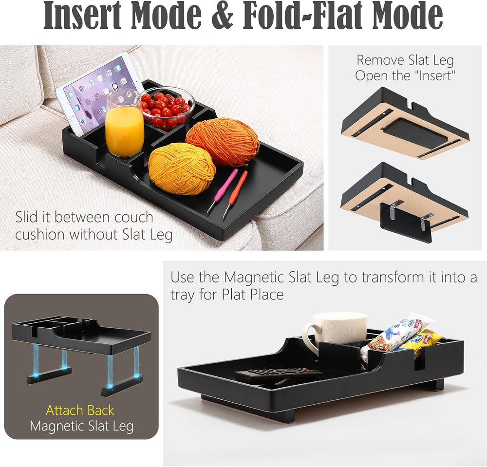 Nnewvante Couch Trays with Cup Holders Insert on Sectionals, Black | 2-in-1 b...