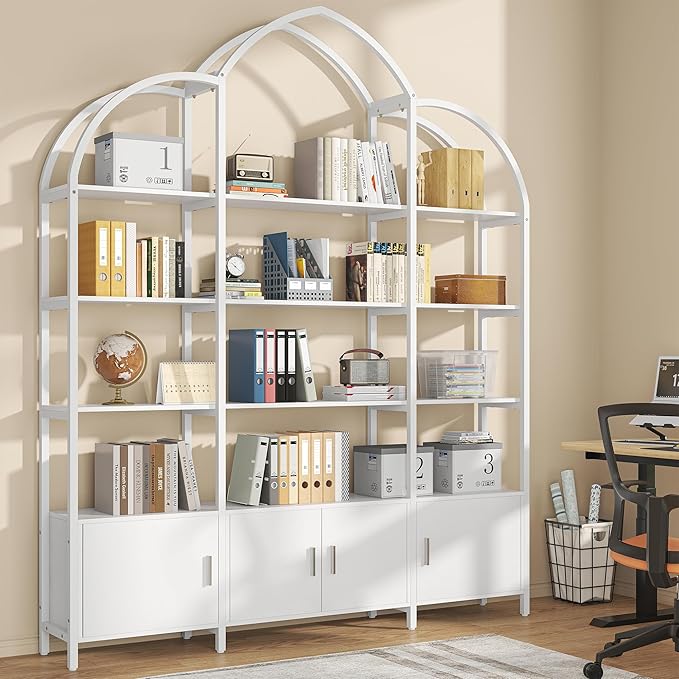 Triple Wide 5 Tier Tall Arched Bookshelf and Bookcase with 3 Cabinets, Indust...