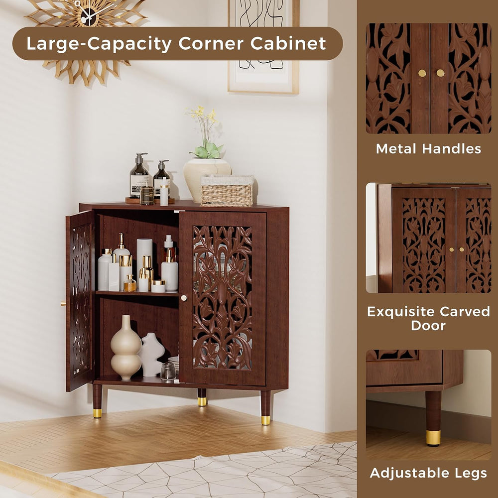 3More Retro Hollow Carved 2-Door Accent Corner Storage Cabinet, Brown