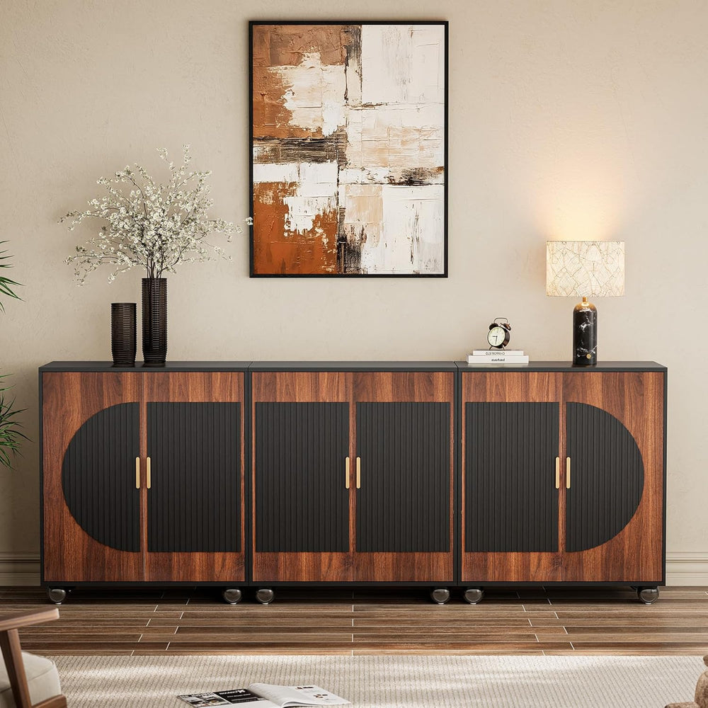 87" Fluted Modular Buffet Cabinet with Arched Doors & Gold Handles, ...