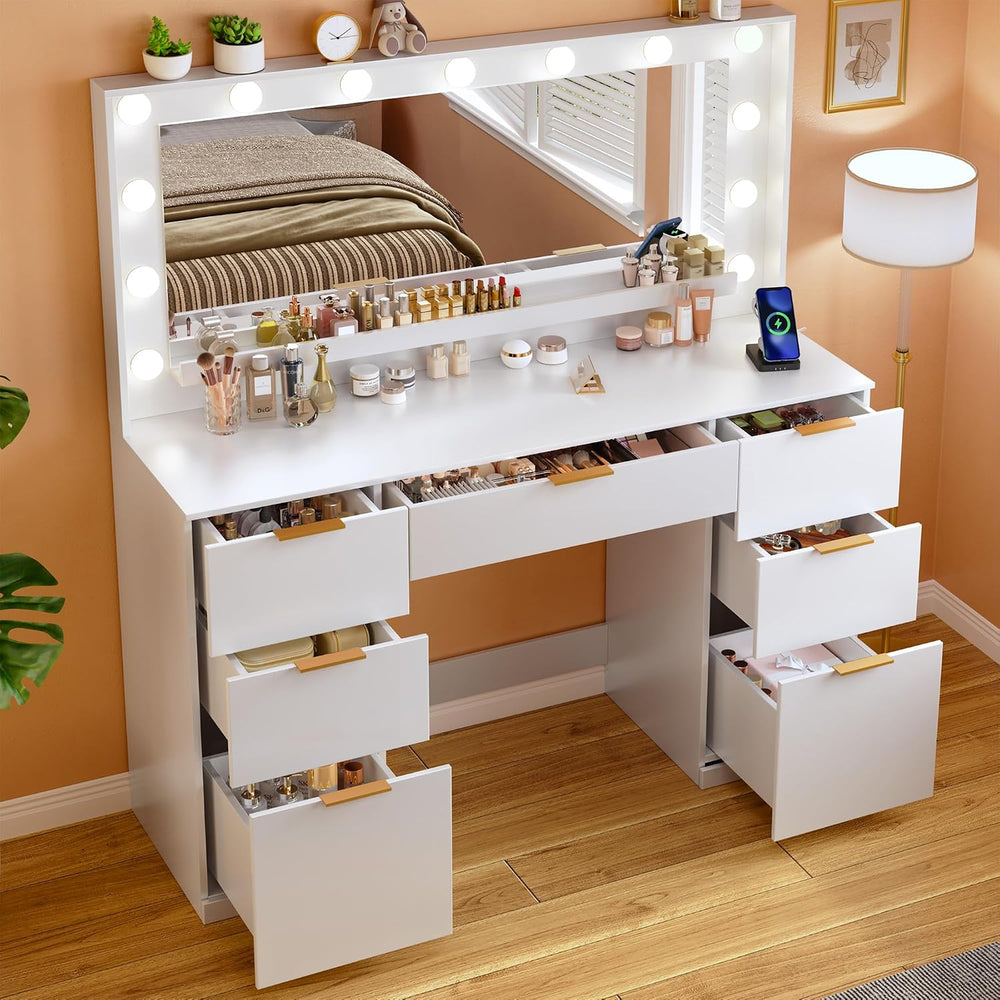 ALEXNUTRE Vanity Desk with Mirror and Lights, 45.3in Makeup Vanity with 7 Dra...