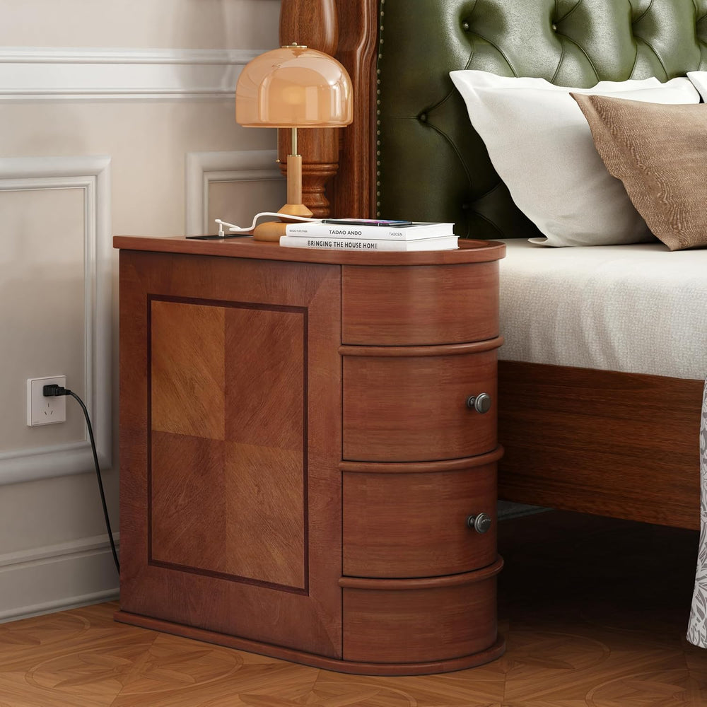 Narrow End Table with Charging Station, Vintage Slim Sofa Side Table & Ni...