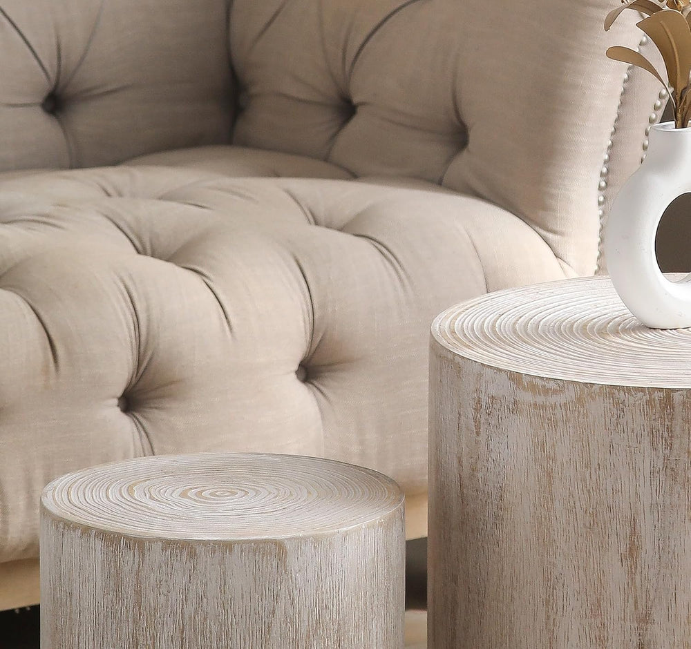 VELOVE Wood Stump Side Tables, Set of 3, White wash Finish