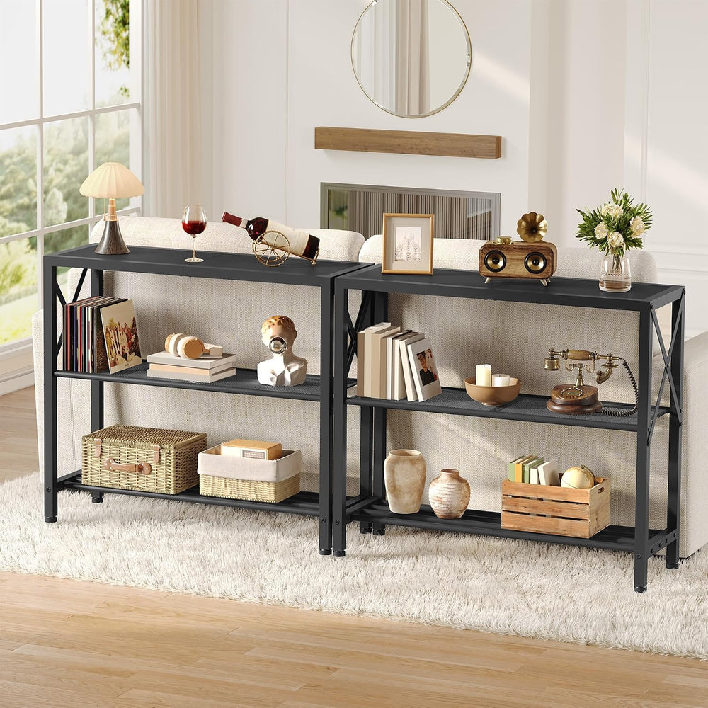 Hoctieon Set of 2 Industrial Console Table, 3 Tier Entryway Table, Metal Fram...