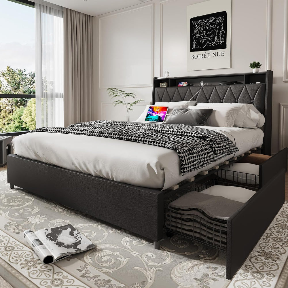 Peanu Full Bed Frame, Ergonomic Headboard, Charging Station Black