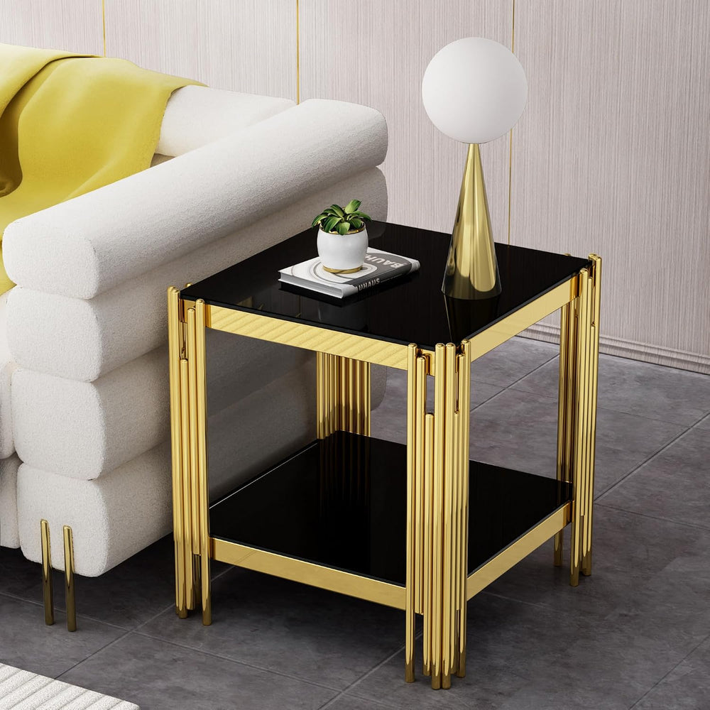 Modern Square End Table Black Glass Sofa Side Table with Gold Stainless Steel...