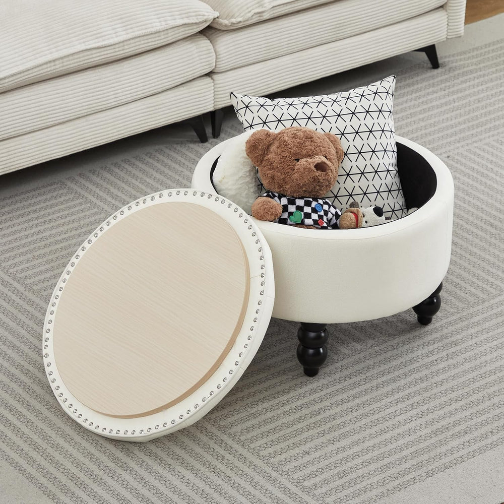 24 Inch Fabric Round Ottoman with Storage, Modern Upholstered Button Tufted O...