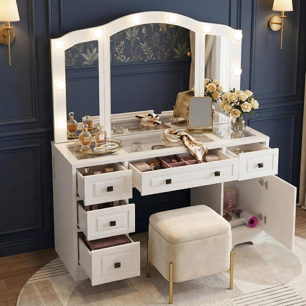 FUSUNBAO White Lighted Vanity Desk, Tri-Fold Mirror, 5 Drawers, Outlets | Ret...