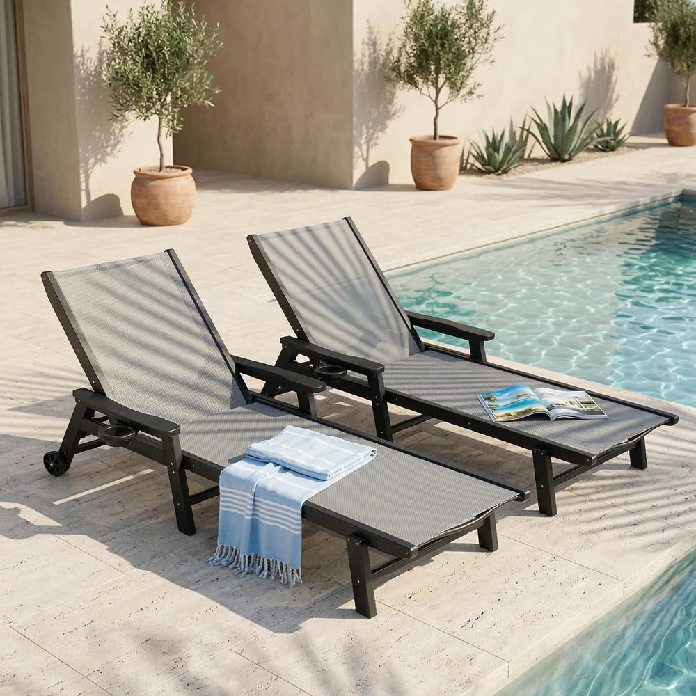 HDPE 5 Positions Chaise Lounge Outdoor Set of 2 with Wheels, Grey Textilene F...
