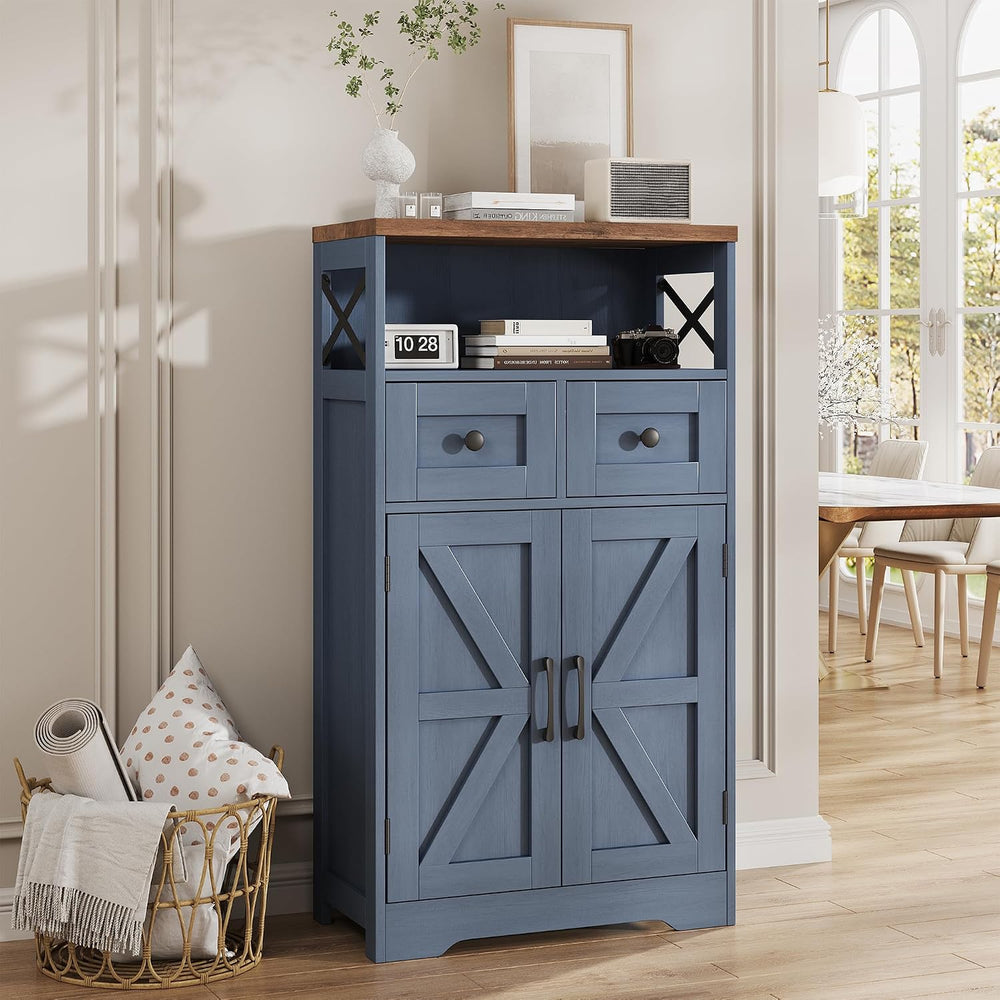FiveWillowise Farmhouse Blue Storage Cabinet with Barn Doors and Drawers, Sma...